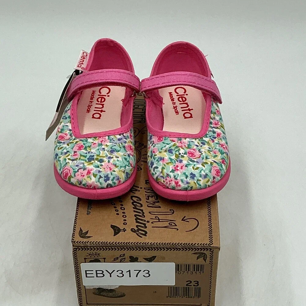 Cienta Ballet Flats Girls 7.5 Multi Floral Print Adjustable Strap Shoes Eby3173